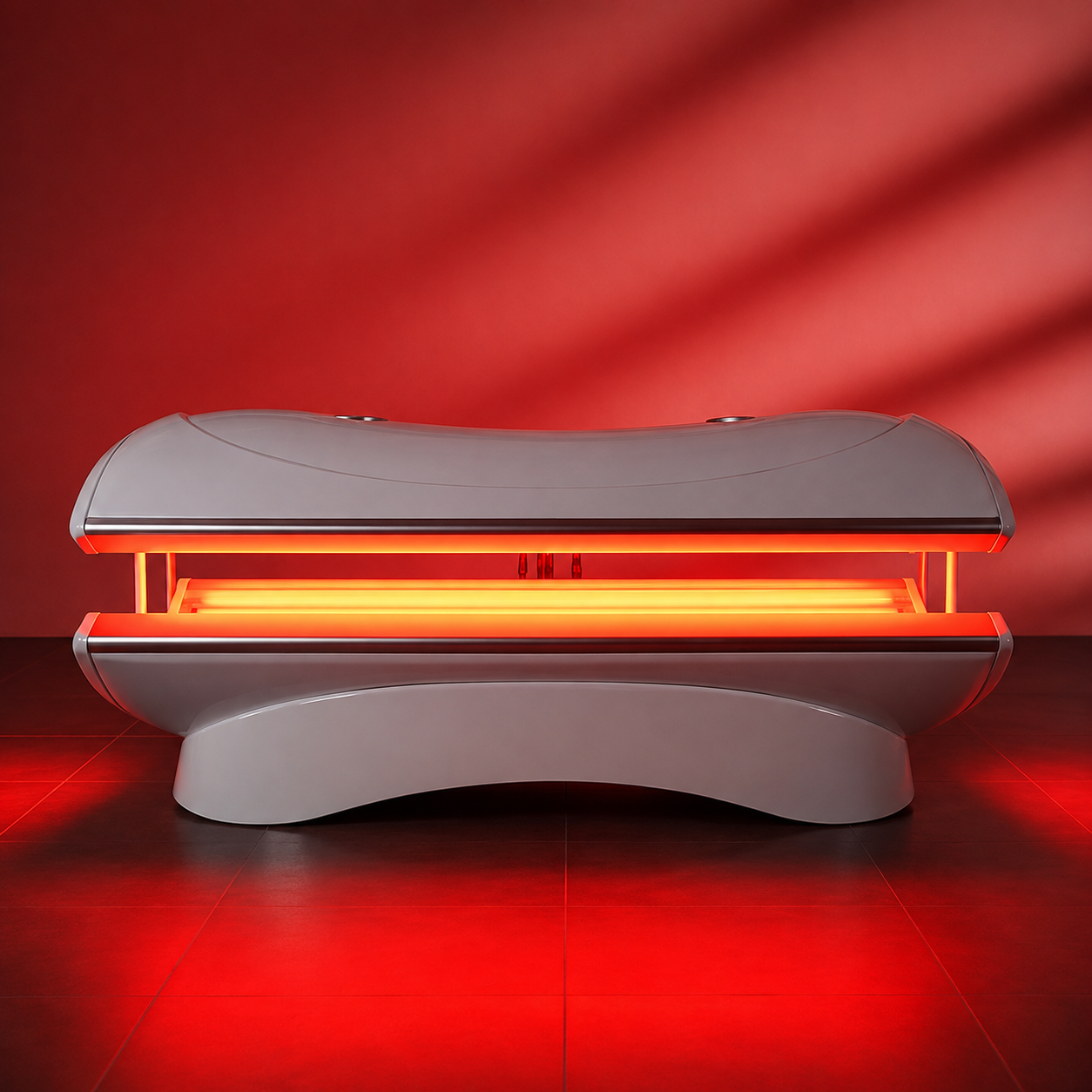 AURORA ONE quartz glass red light therapy bed glowing in a dark studio