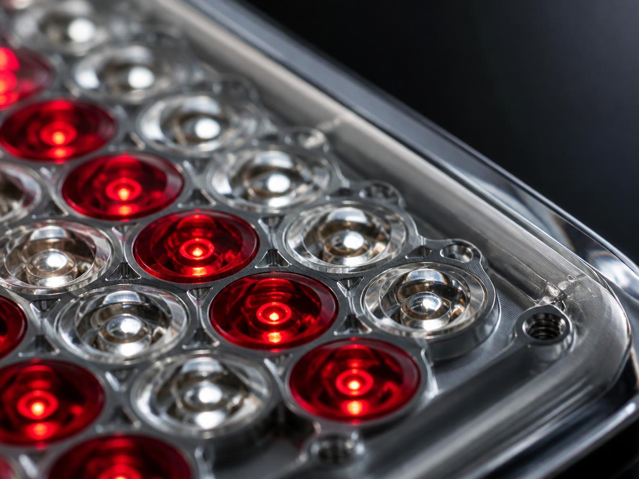 Macro detail of quartz optical panel over high-density blue and red emitters